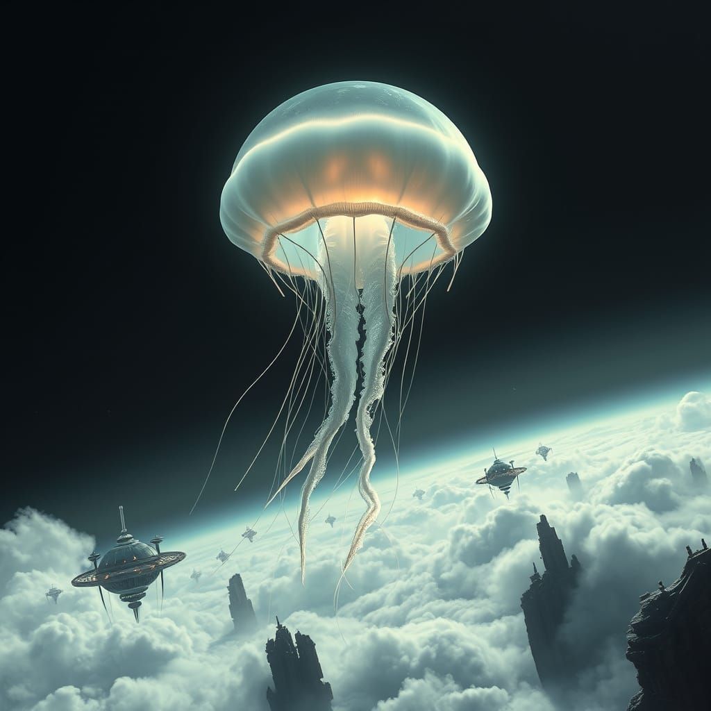 Bioluminescent Jellyfish Drifting Above Gas Giant