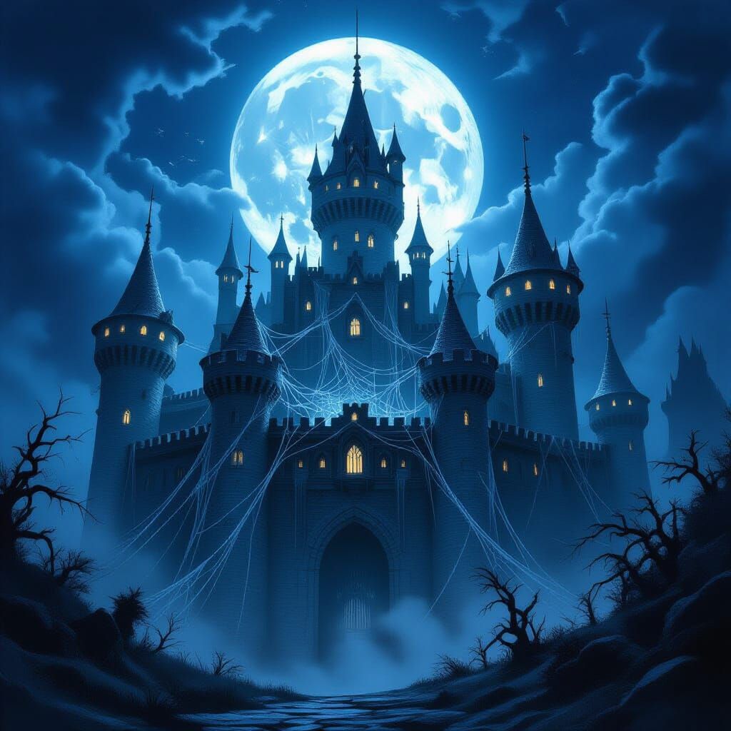 Ancient Spiderweb Wolf Castle Under Full Moon