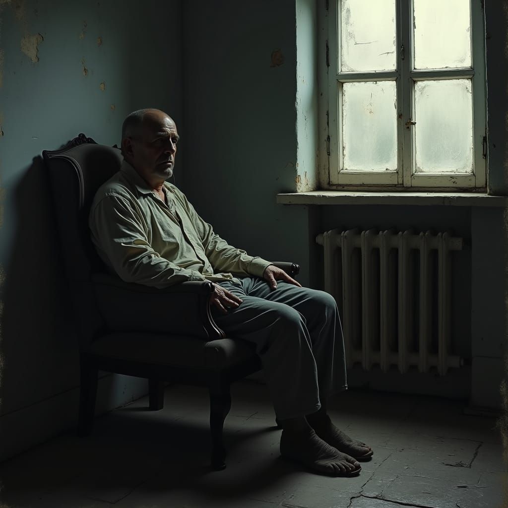 Man Slumped in Chair in Dim Room, Surrealist Painting