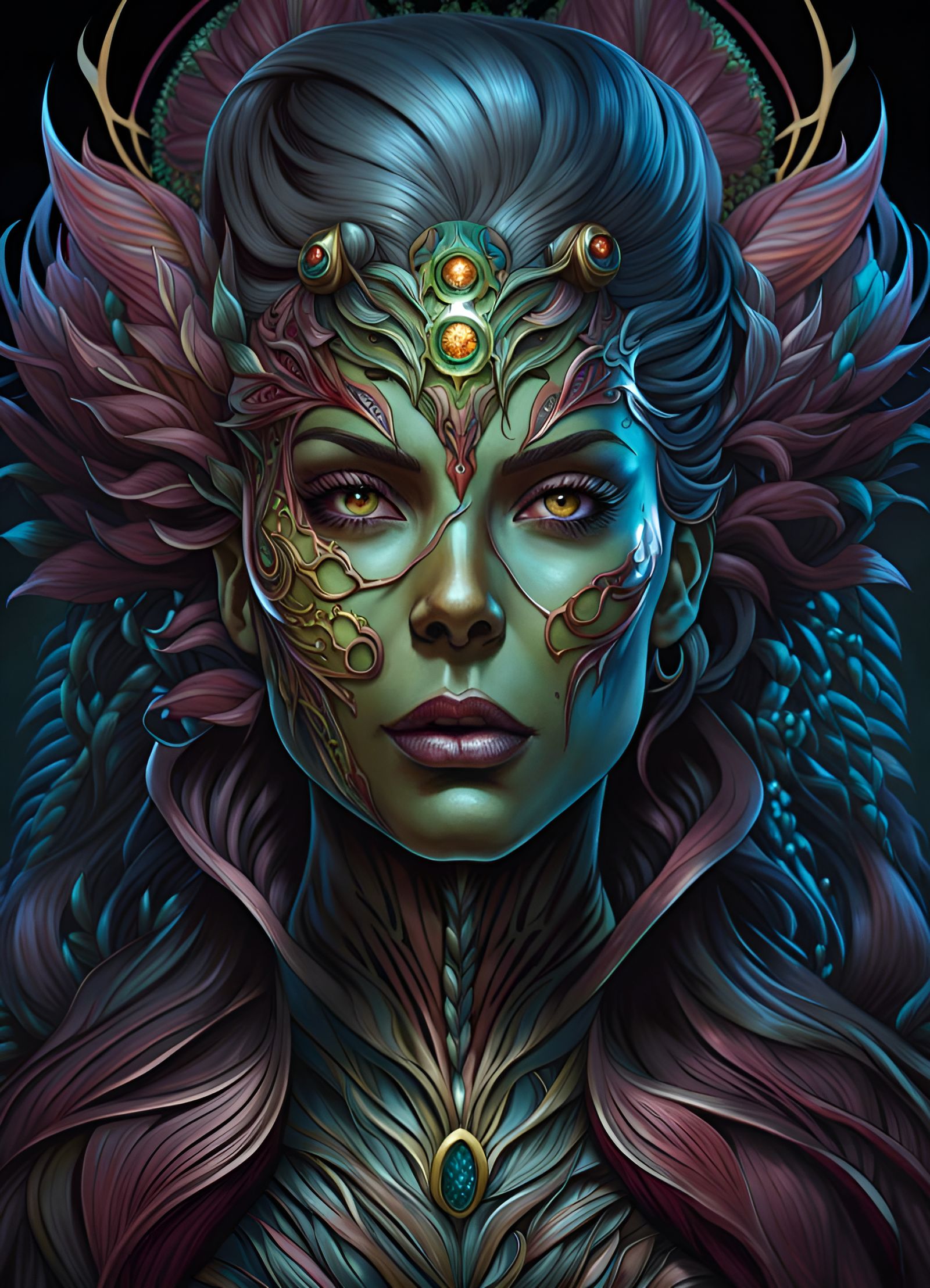 Detailed Horror Mutant Portrait in Art Nouveau Style