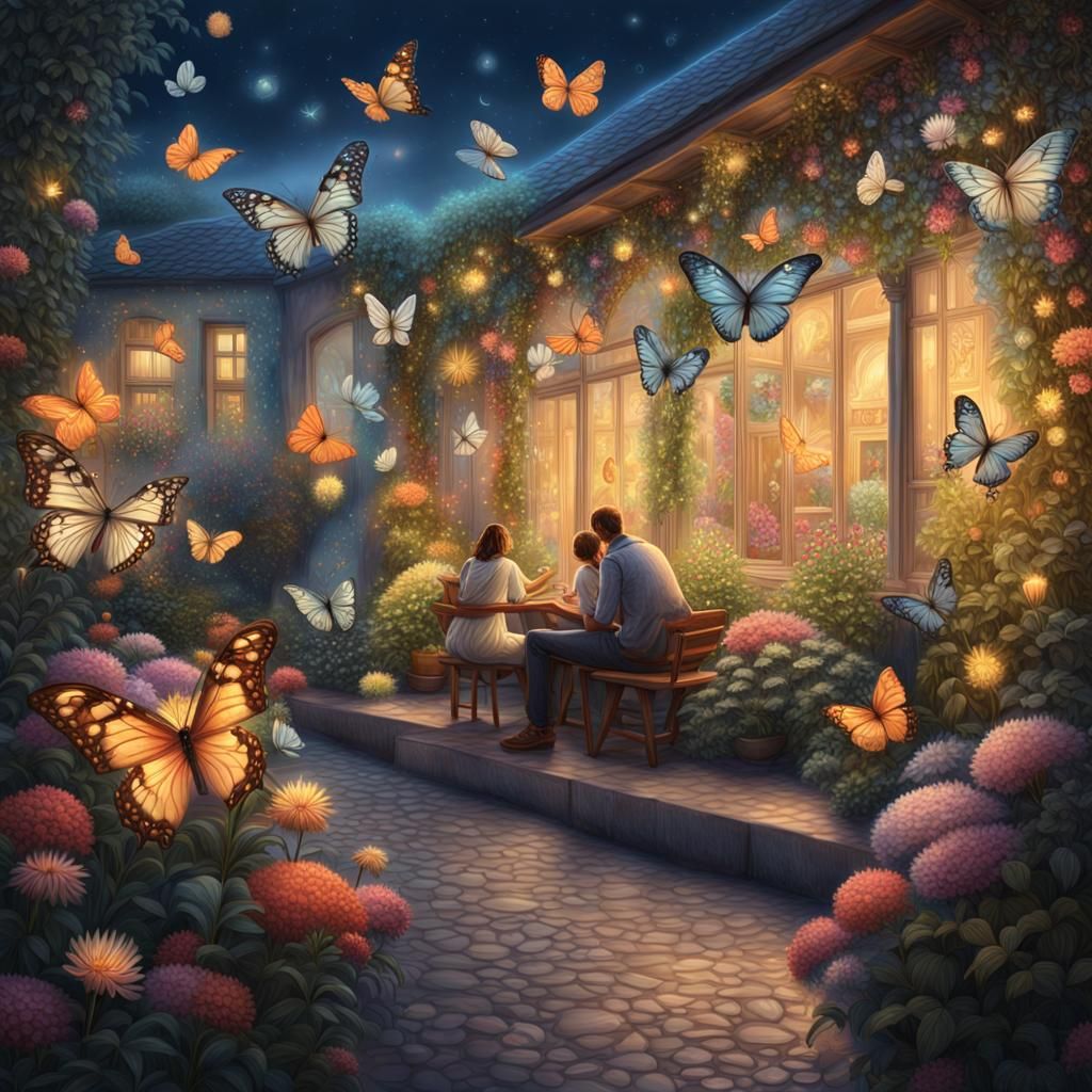 Patio Scene with Butterflies and Fireflies in Pastel