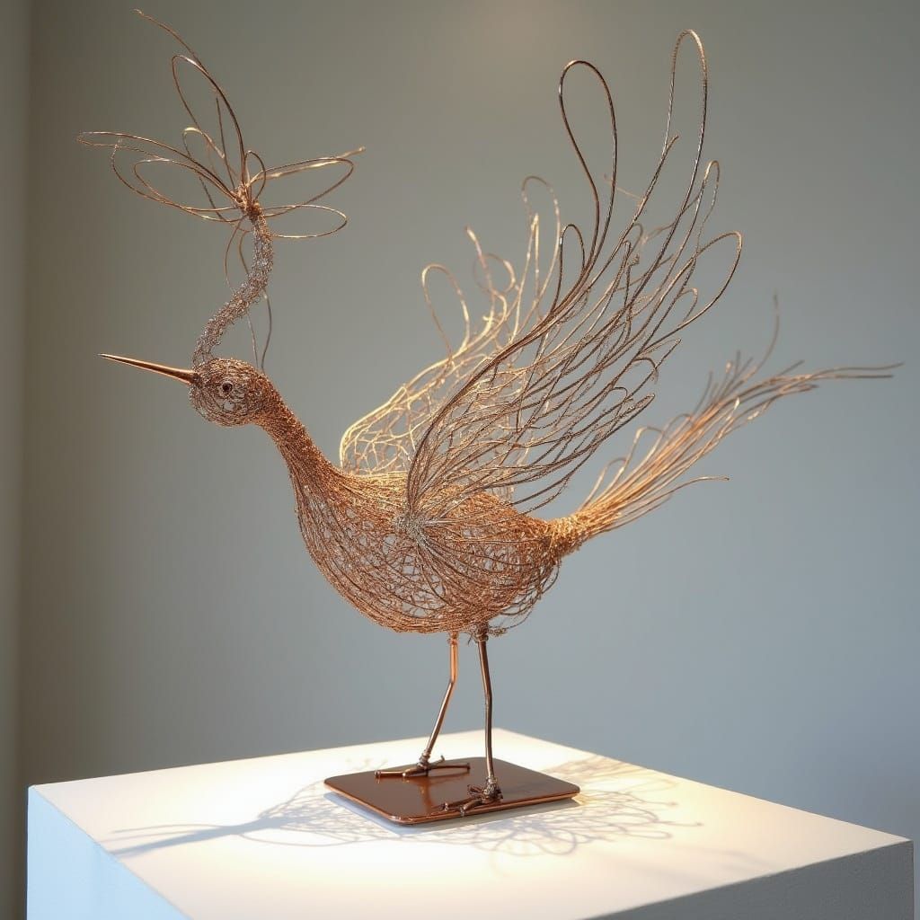Delicate Bird Sculpture Crafted from Twisted Metal Wire