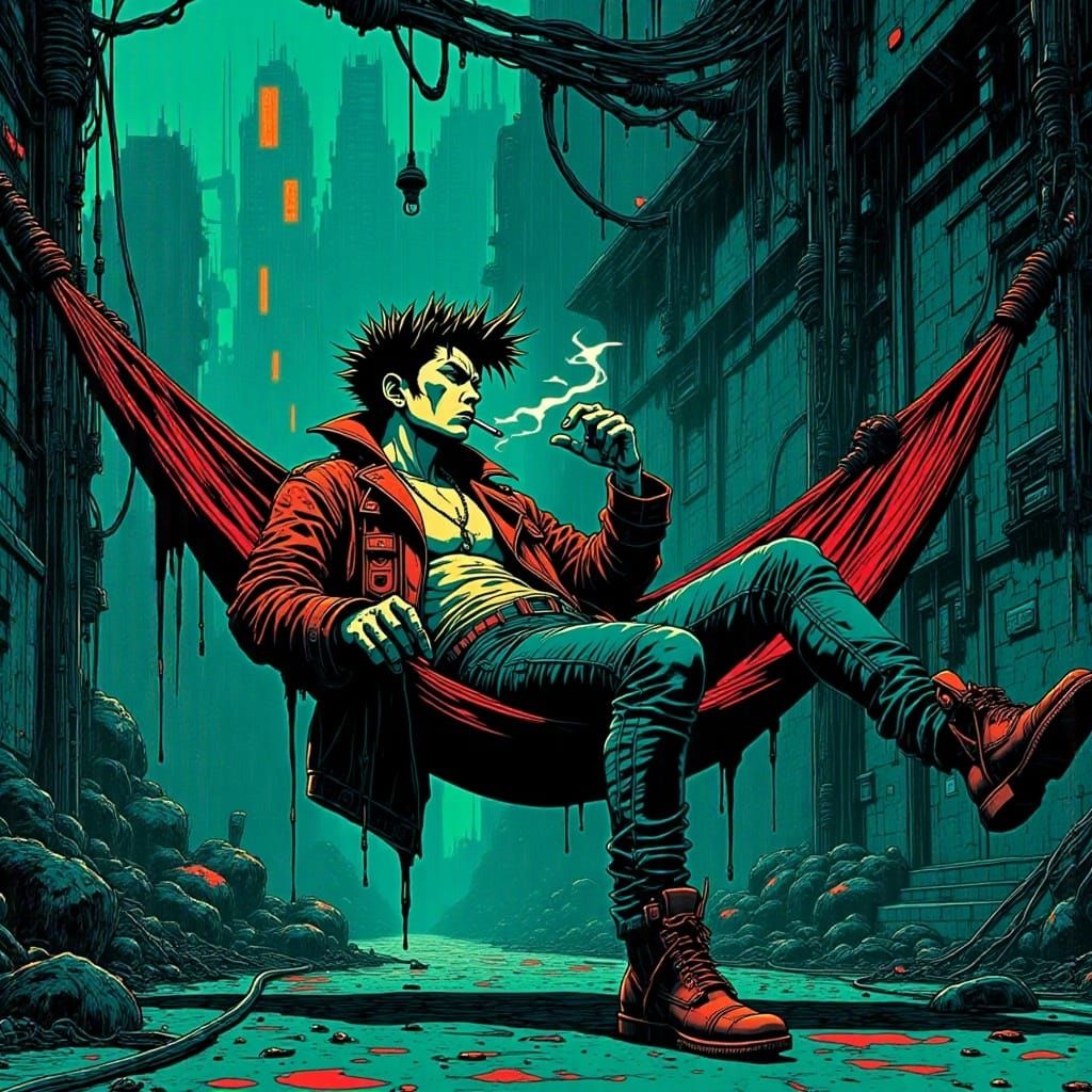 Grumpy Punk in Humid Alleyway, Anime Cel-Shaded Art