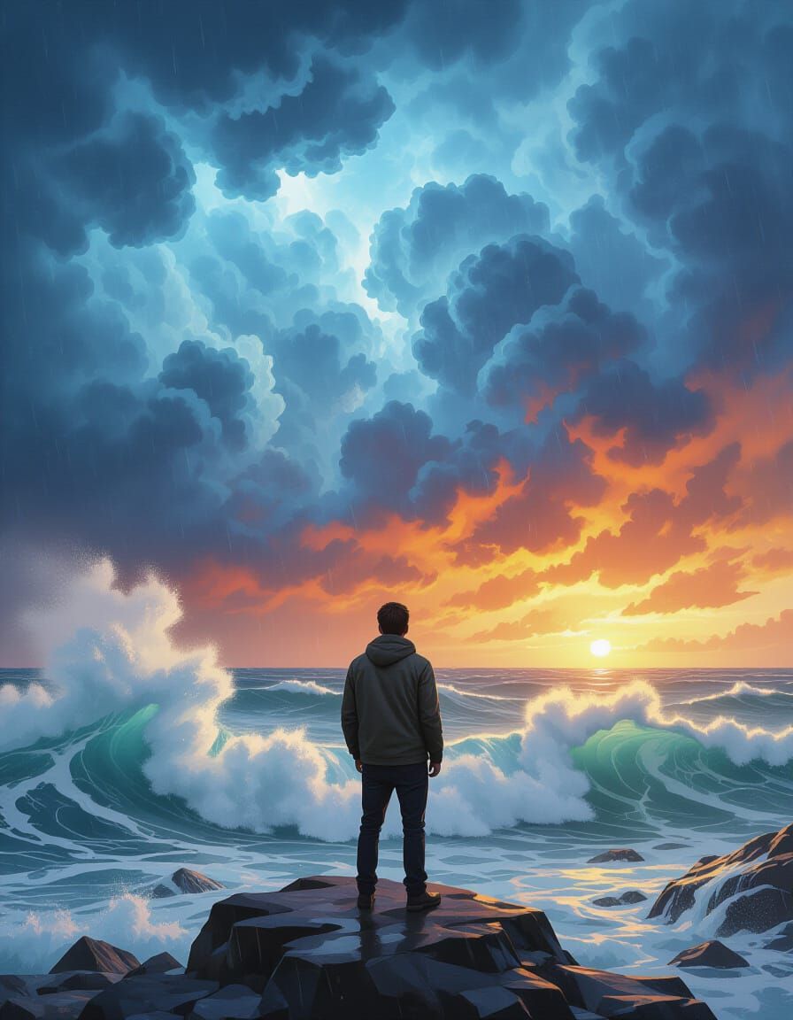 Man Confronts Storm: Hyperrealistic Splash Art
