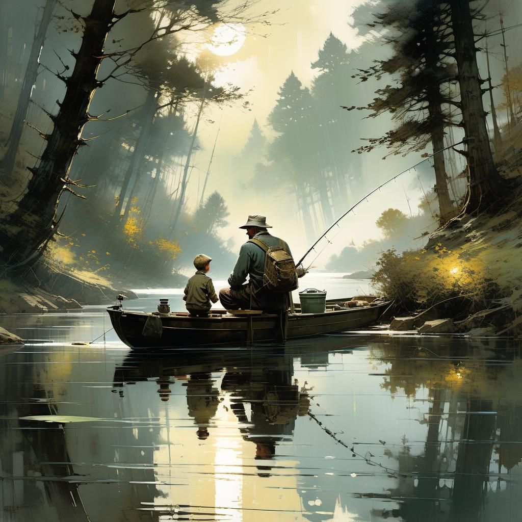 Touching Father and Son Fishing Illustration