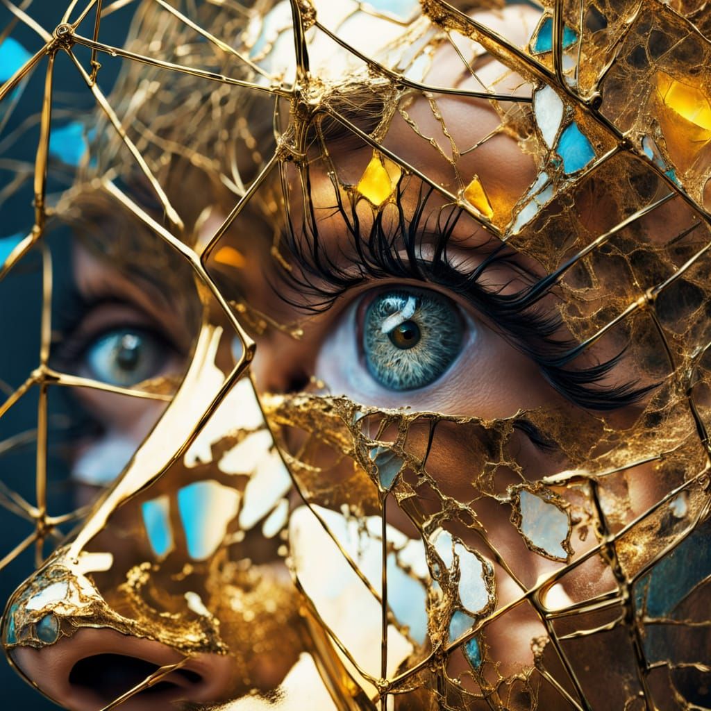 Surreal Portrait with Shattered Glass and Cage