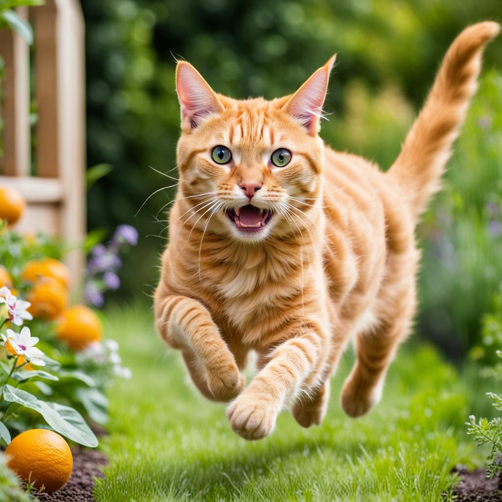 Orange Tabby Cat Running in a Garden