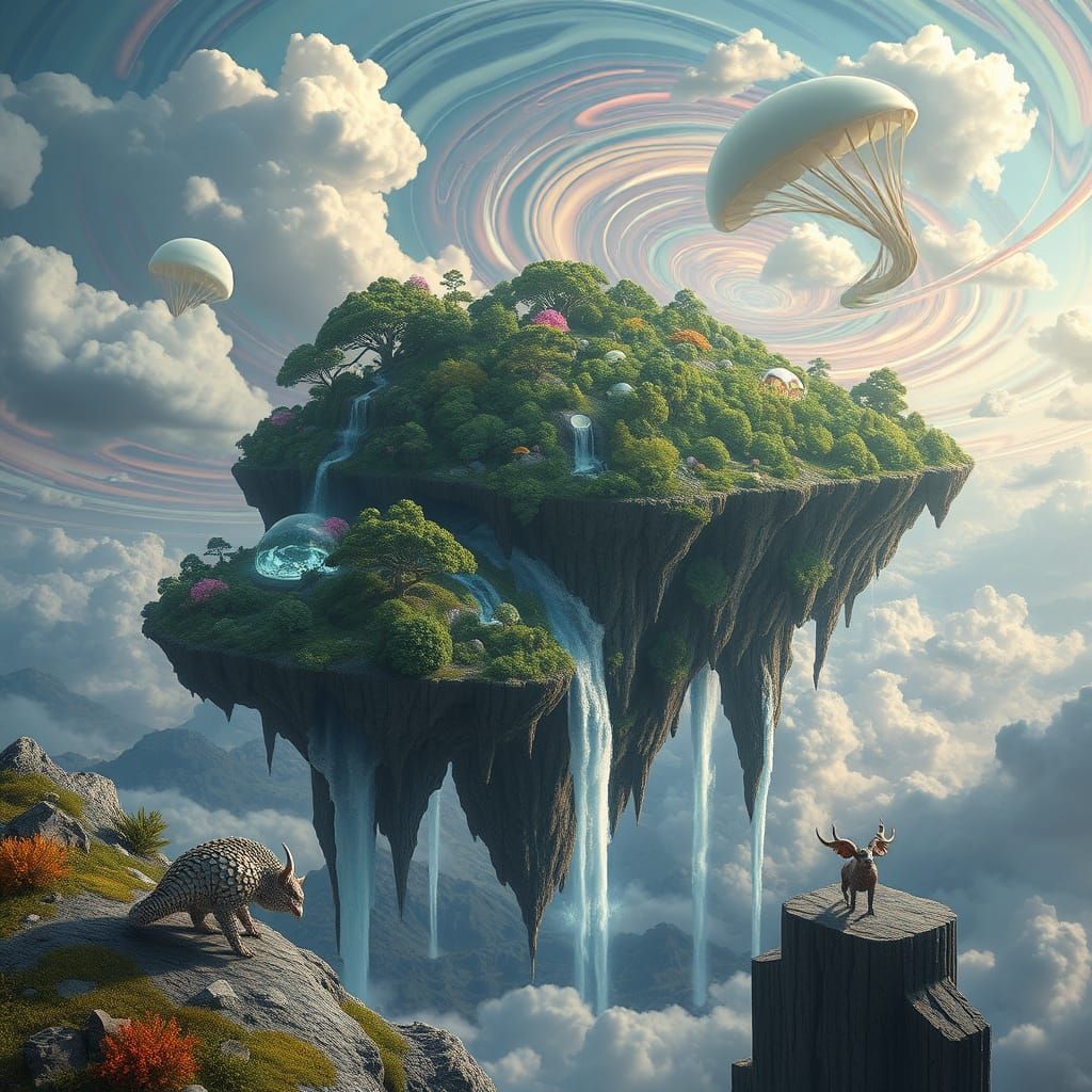 Luminous Islands Drift Through a Kaleidoscopic Sky