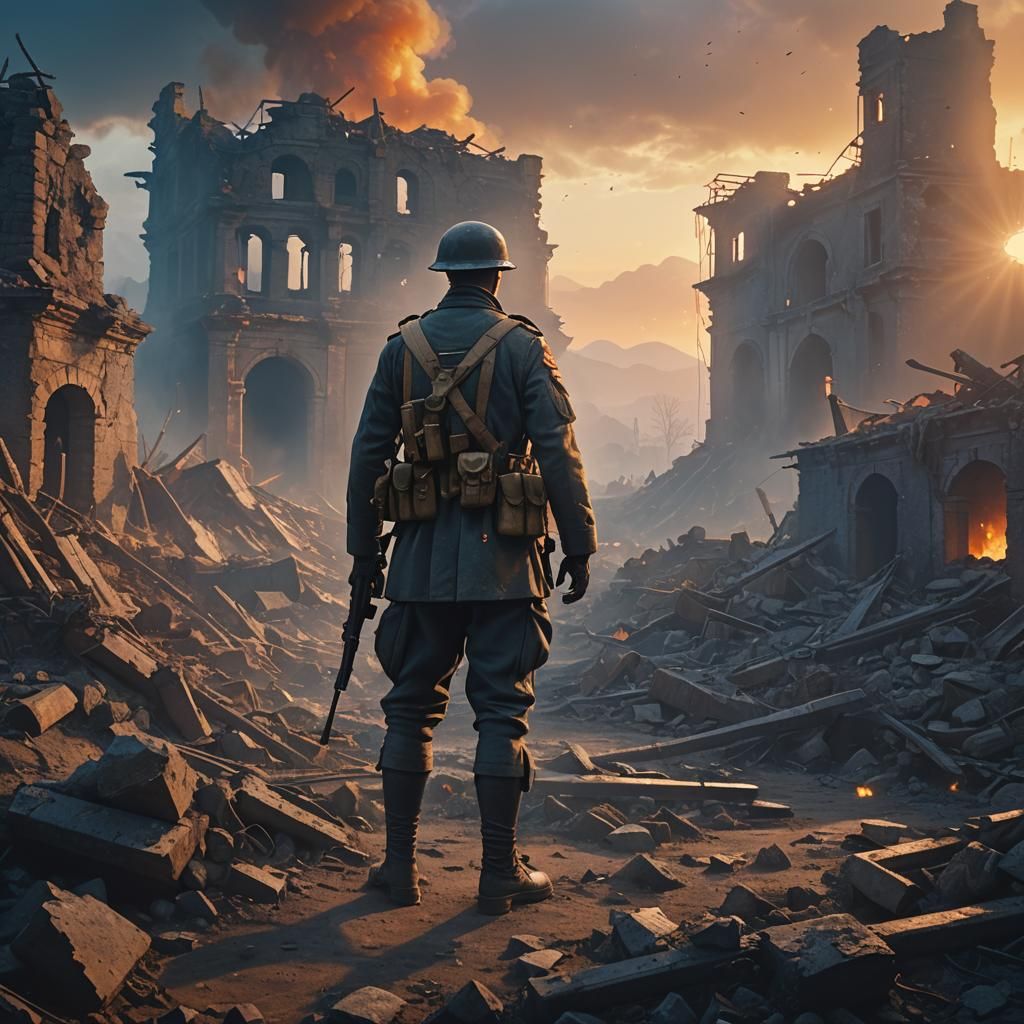 Mystical WWI Soldier in Ruined Landscape