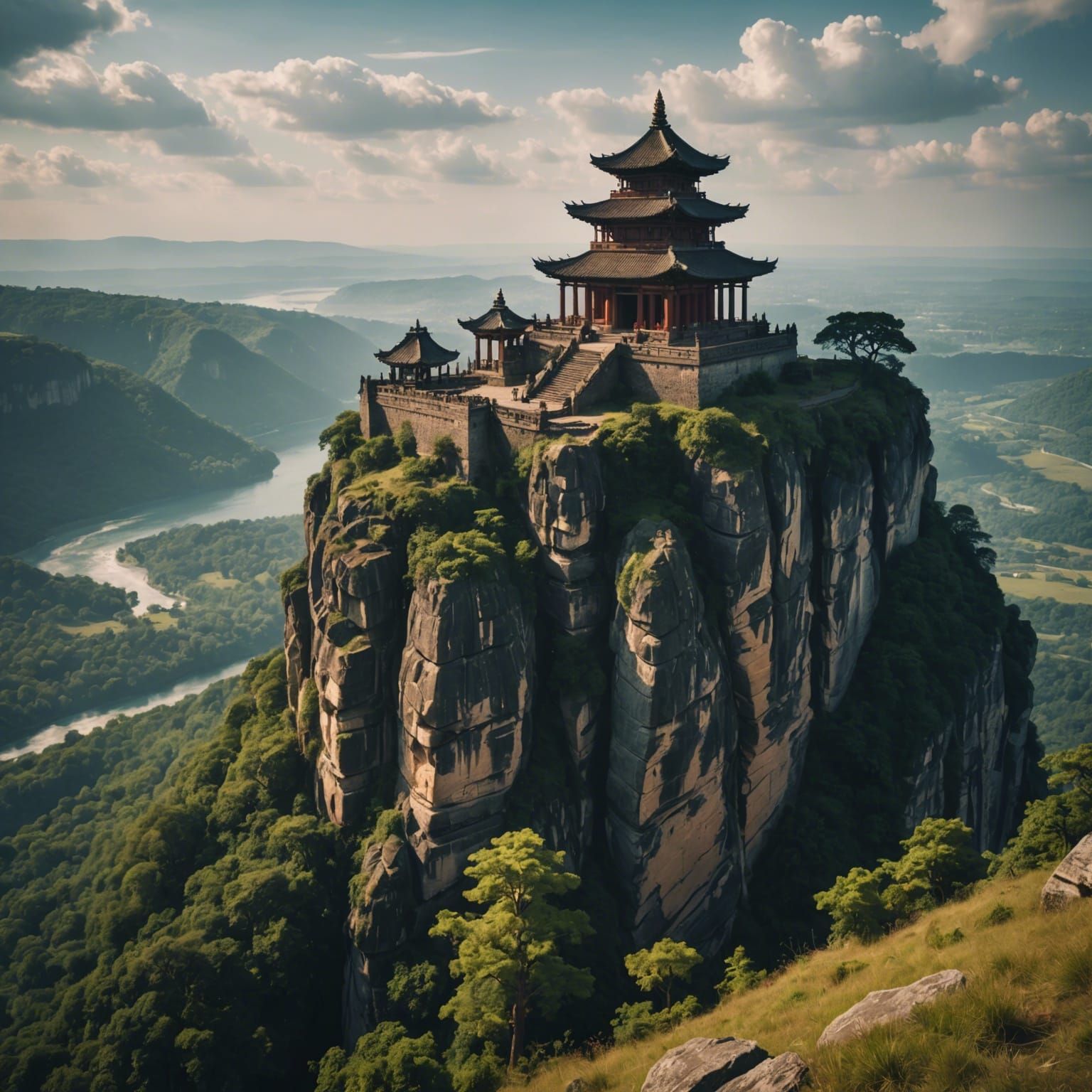 Dramatic Ancient Cliffside Temple in Cinematic Style