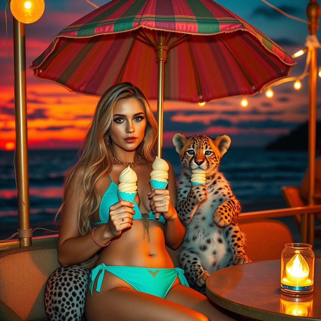 Vibrant Blonde and Cheetah Enjoy Sunset Ice Cream by the Oce...