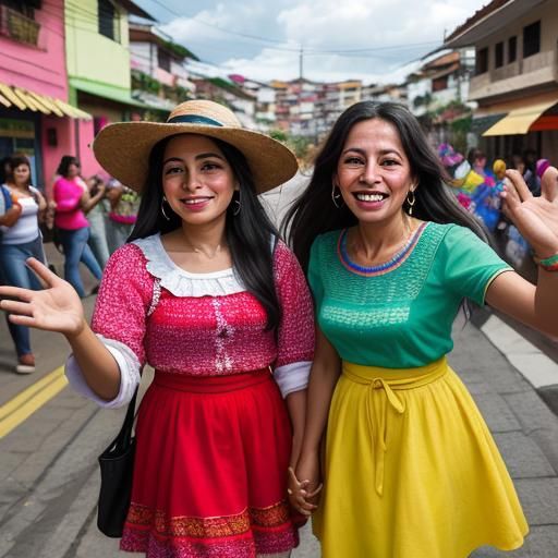 Colombian Women Celebrate on Colorful Street