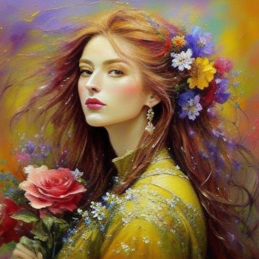 Woman with Floral Adornments: An Impressionist Oil Painting