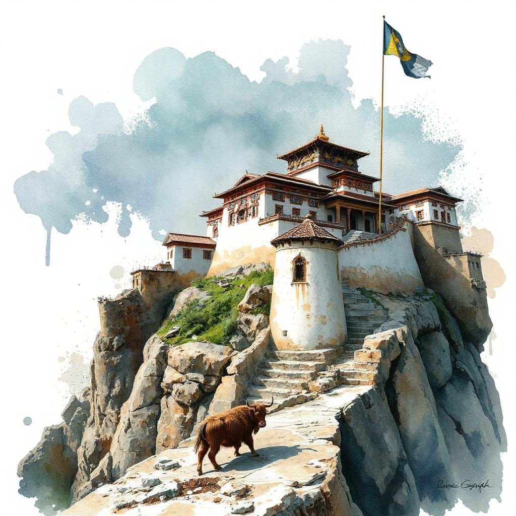 Tibetan Monastery Amidst Rugged Landscape with Yak