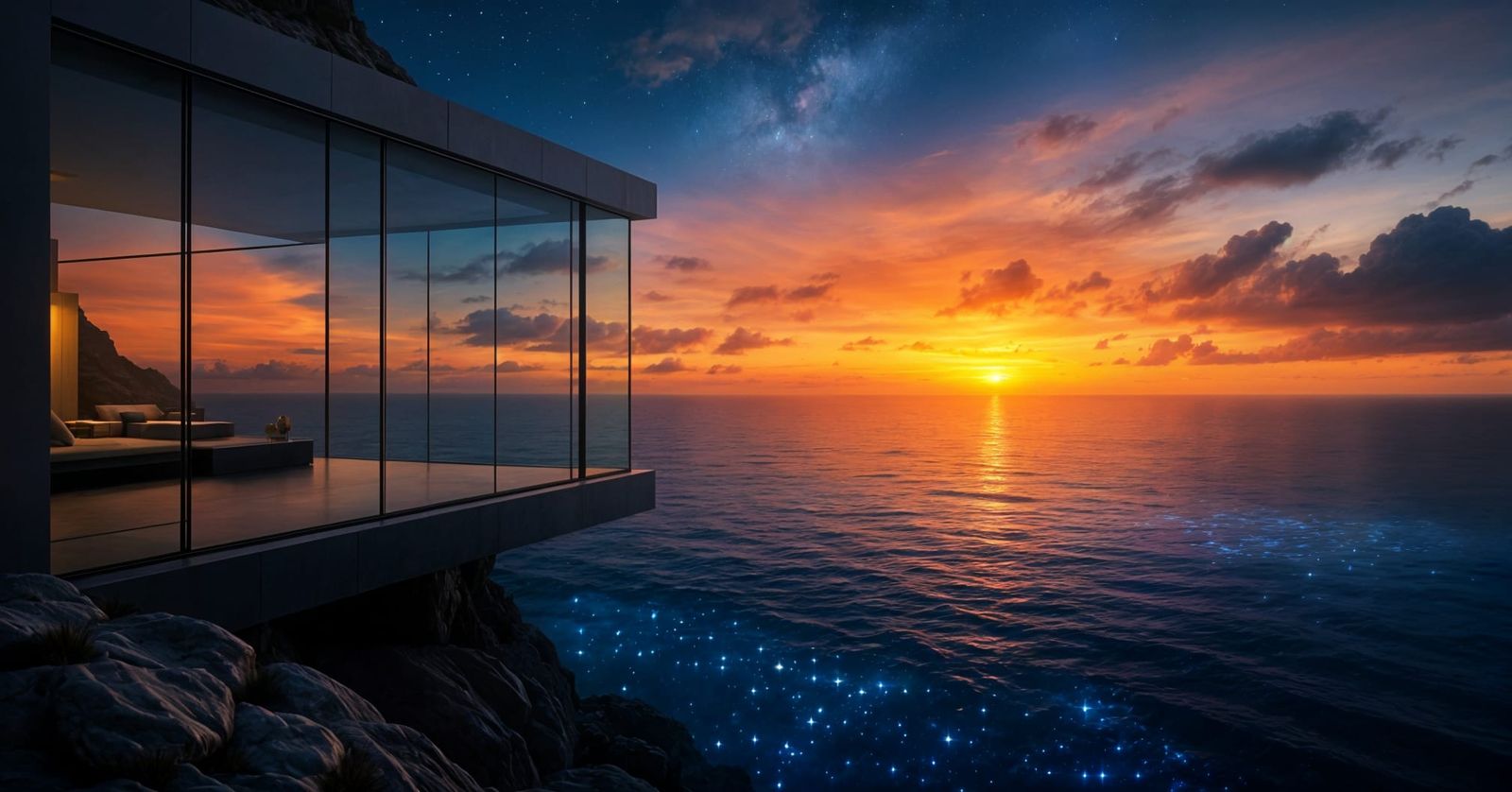 Glass Cliff Room Overlooking Bioluminescent Sunset Ocean