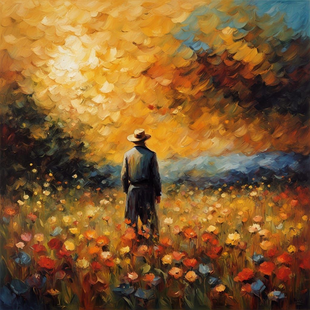 Lone Figure in Wildflower Field with Gold Accents