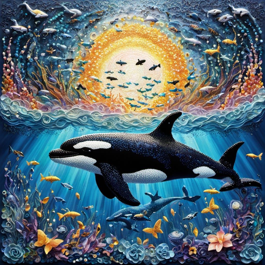 Surreal Bead Art: Orca in Sun-Drenched Ocean