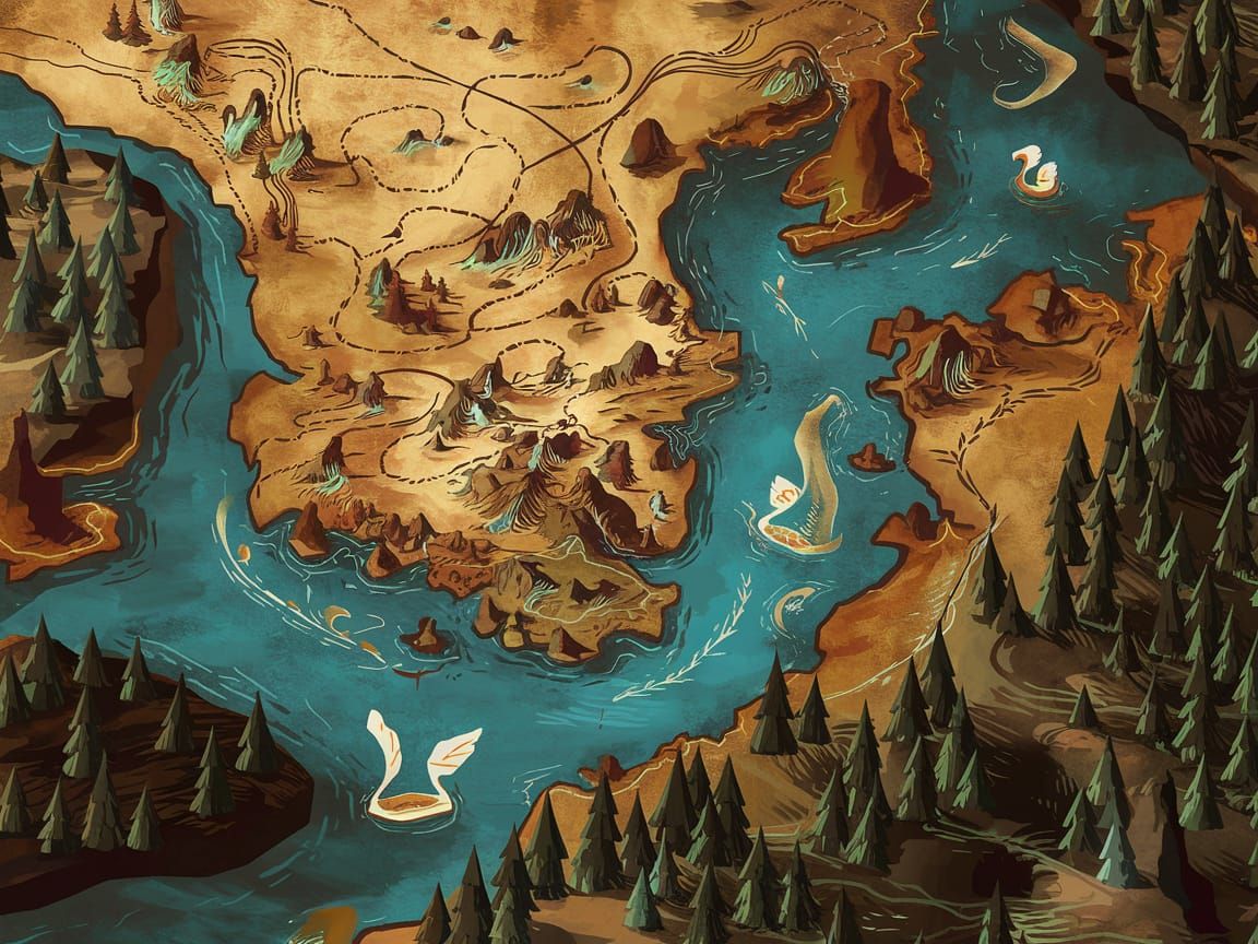 Medieval Art-Style Map of Middle Earth on Golden Parchment