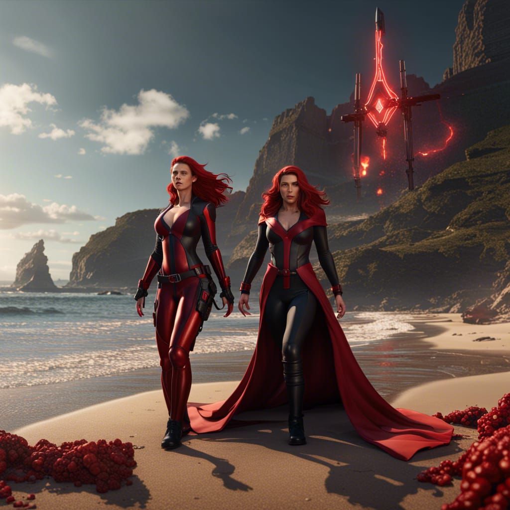 Black Widow and Scarlet Witch on Beach
