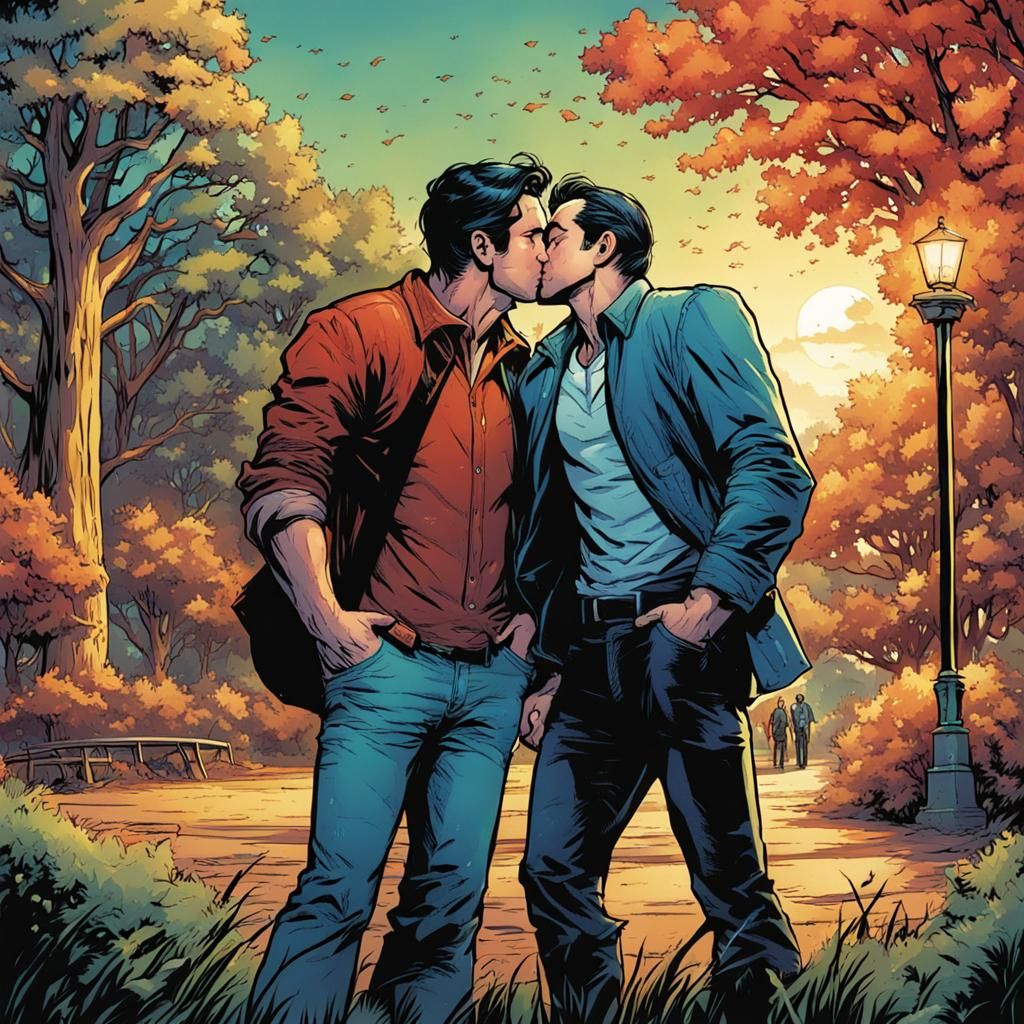 Men Kissing in Park: Comic Book Style Art