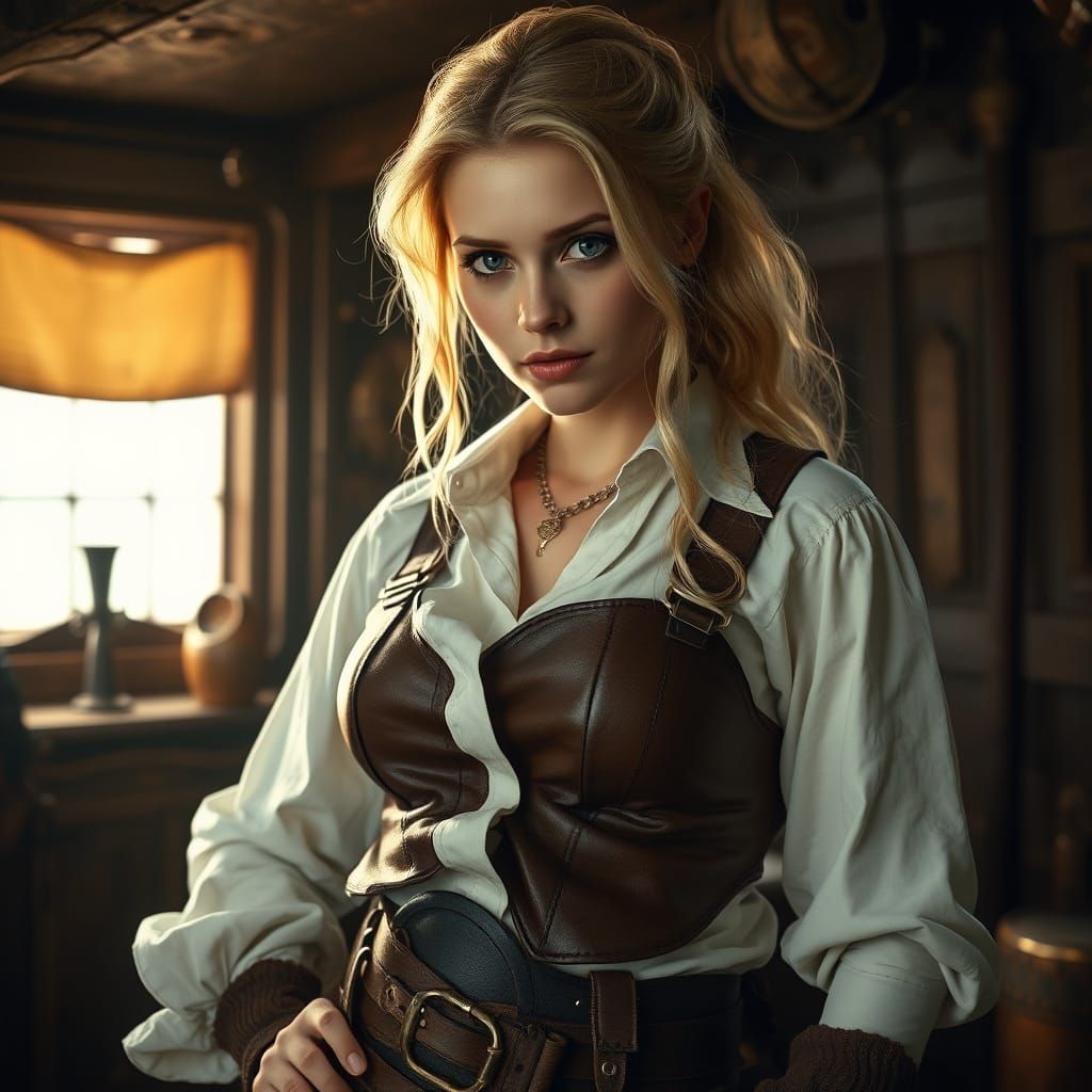 Confident Blond Pirate Posing with Seamap in Cabin