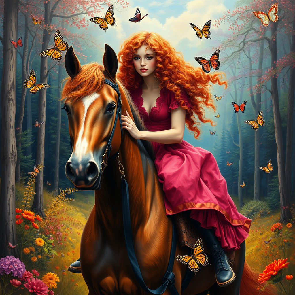 Surrealist Painting of Red-Haired Woman on Horse