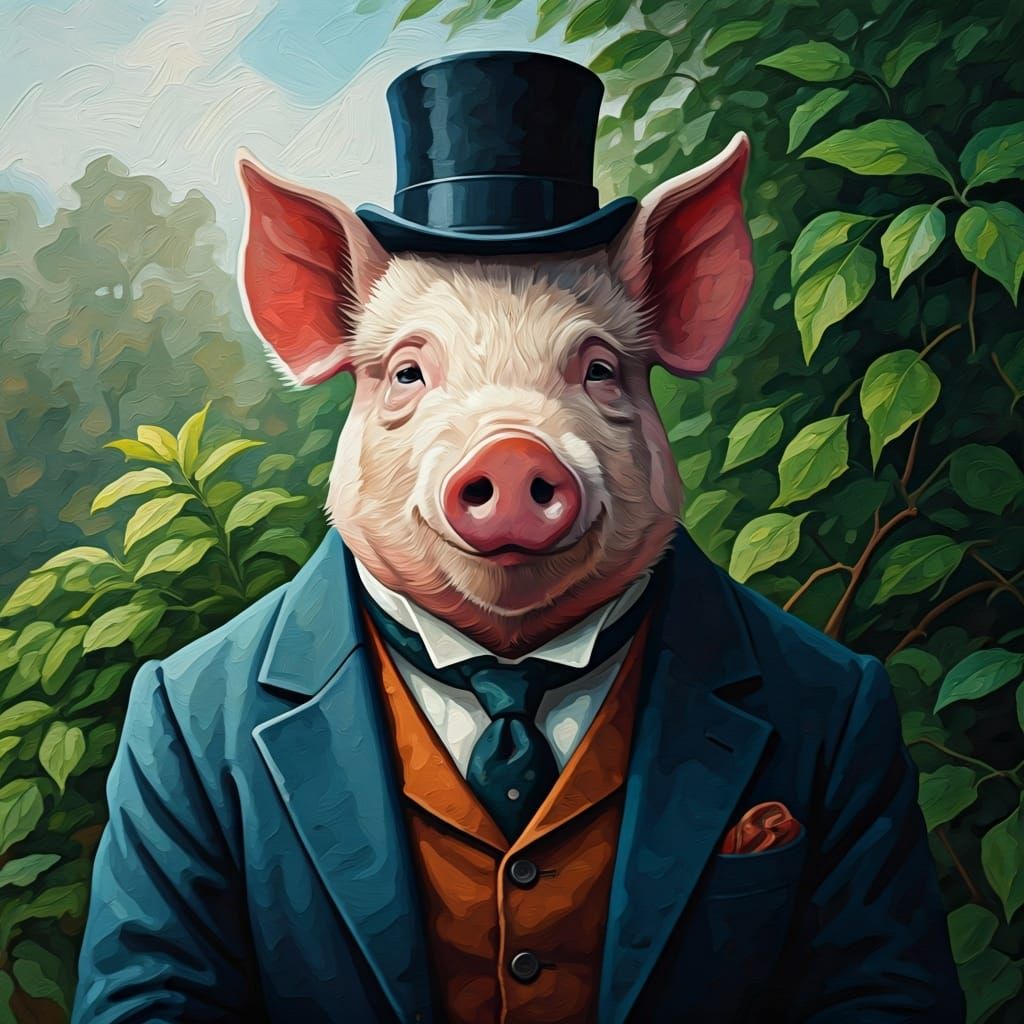 Father Pig in Suit, Gouache Impressionist Style