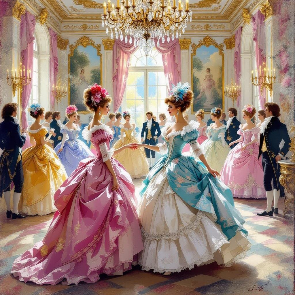 Rococo Women in Lavish Ballroom Scene