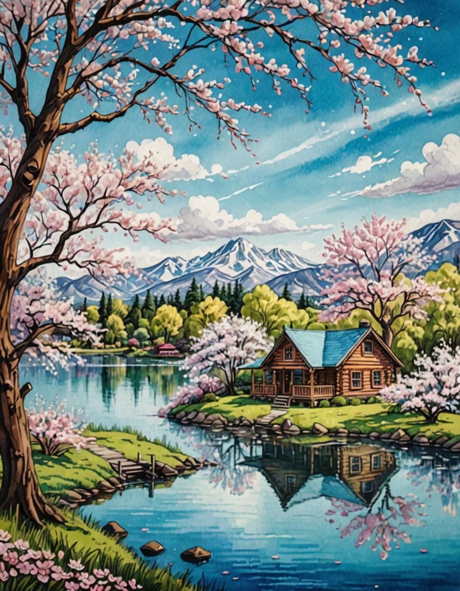 A beautiful house log cabin in the background, surrounded by...