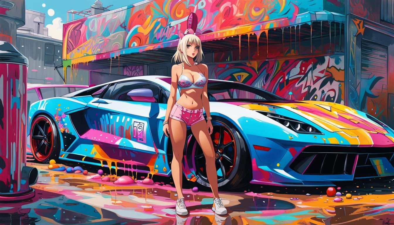 Anime Girl and Supercar in Graffiti Splash Art