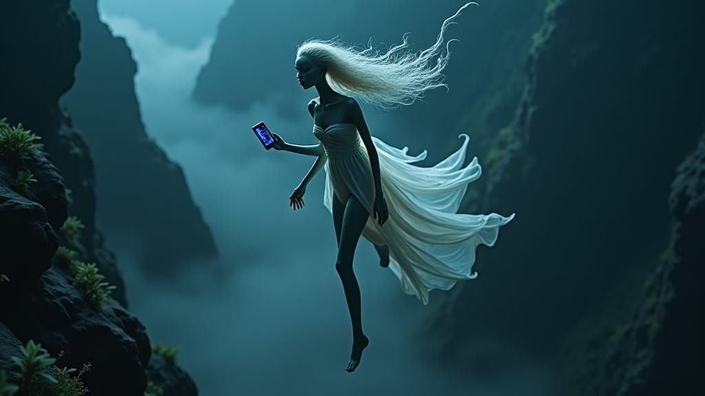 Alien Freefall: Surreal Dreamscape with Futuristic Phone