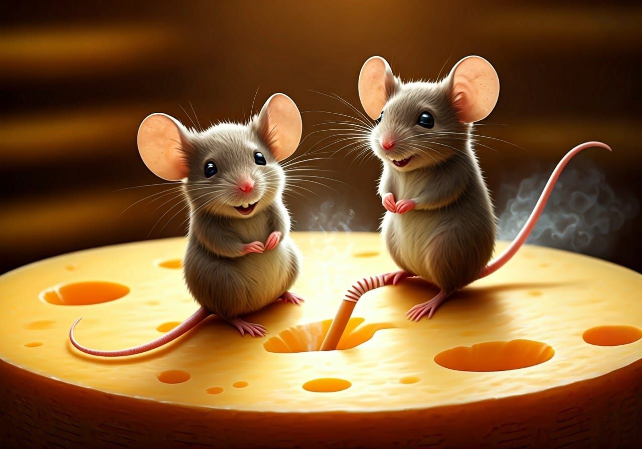 Laughing Mice Farting Cheese: Hyper-Realistic Digital Art
