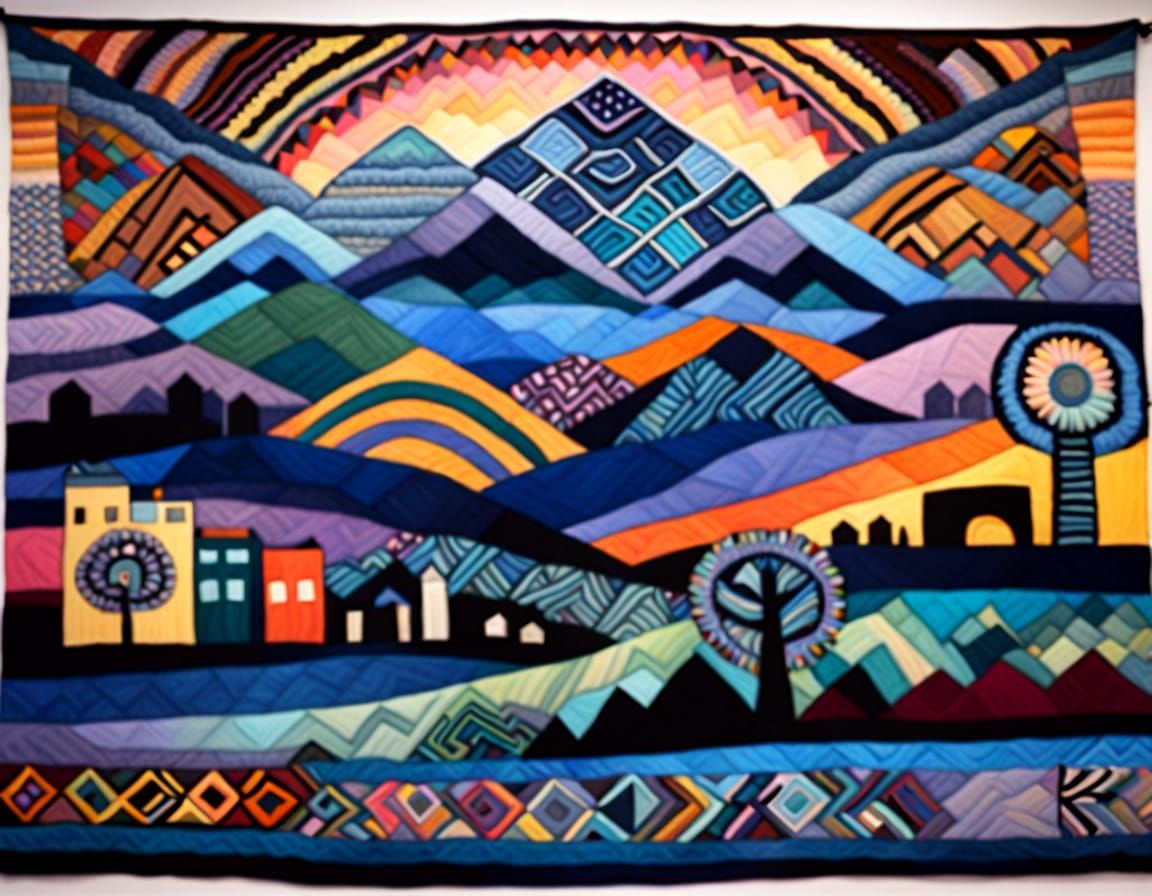 Embroidered Cityscape Tapestry with Fractal Patterns