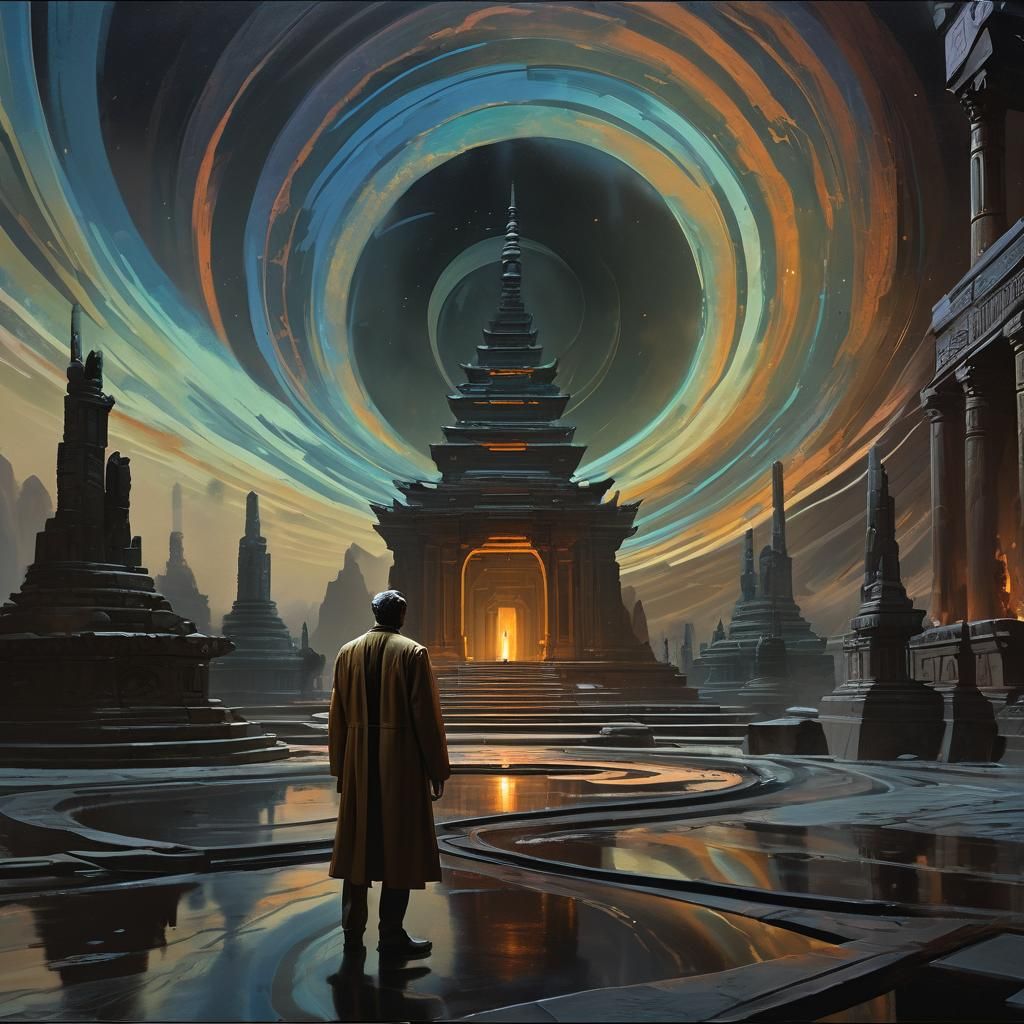 Doctor in Mystical Temple: Syd Mead Inspired Oil Painting