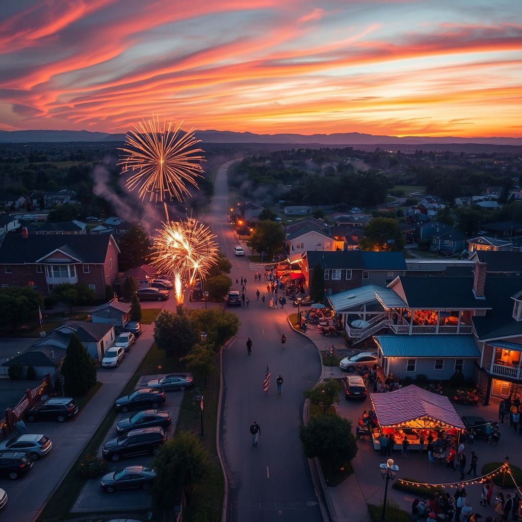 Vibrant Fourth of July Celebration, Hyper-realistic Bird's-E...