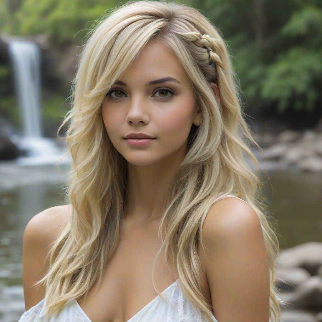 Sensual Blonde Woman Under a Cascade in Vibrant Colors