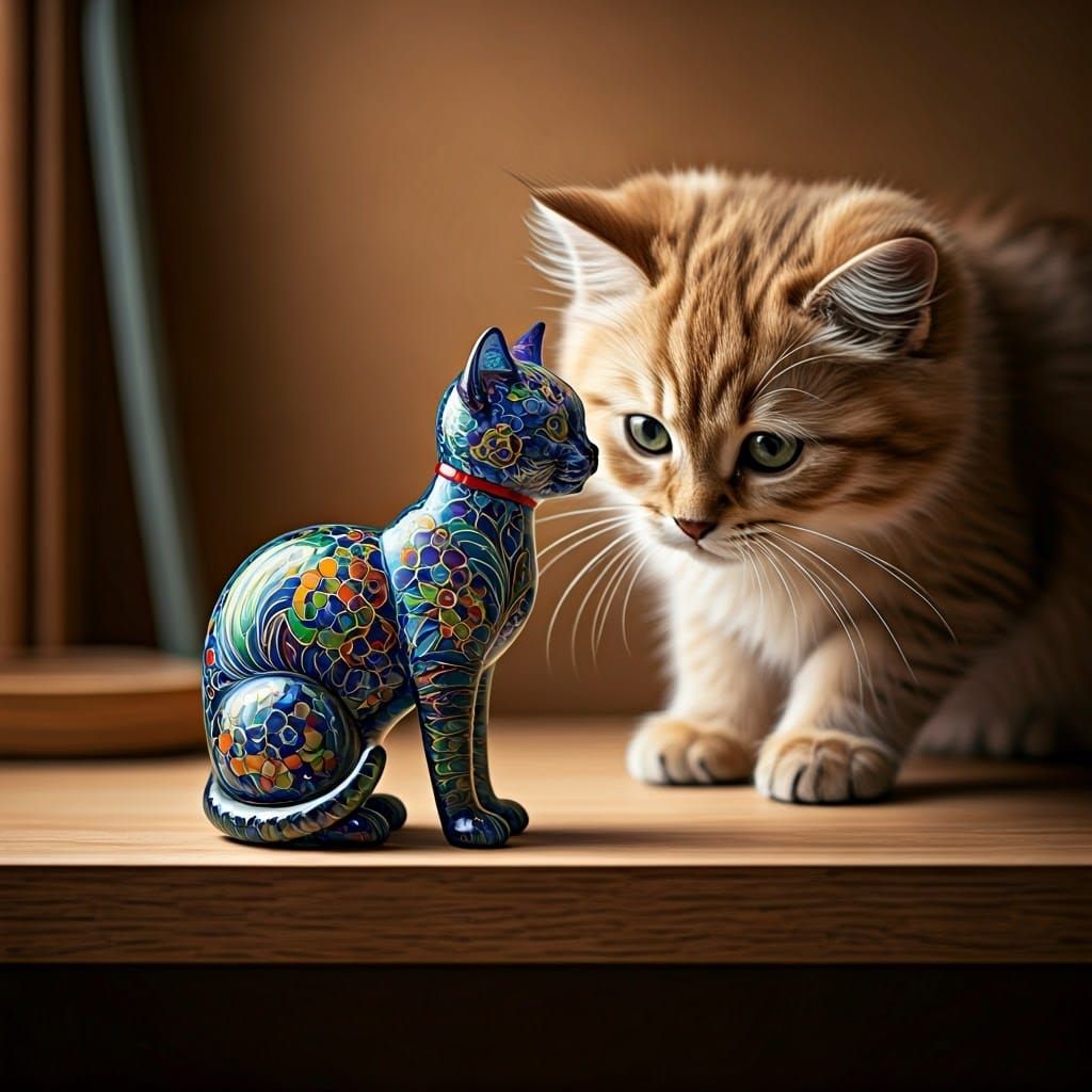 Cat about to knock a glass and enamel cat figurine off the s...