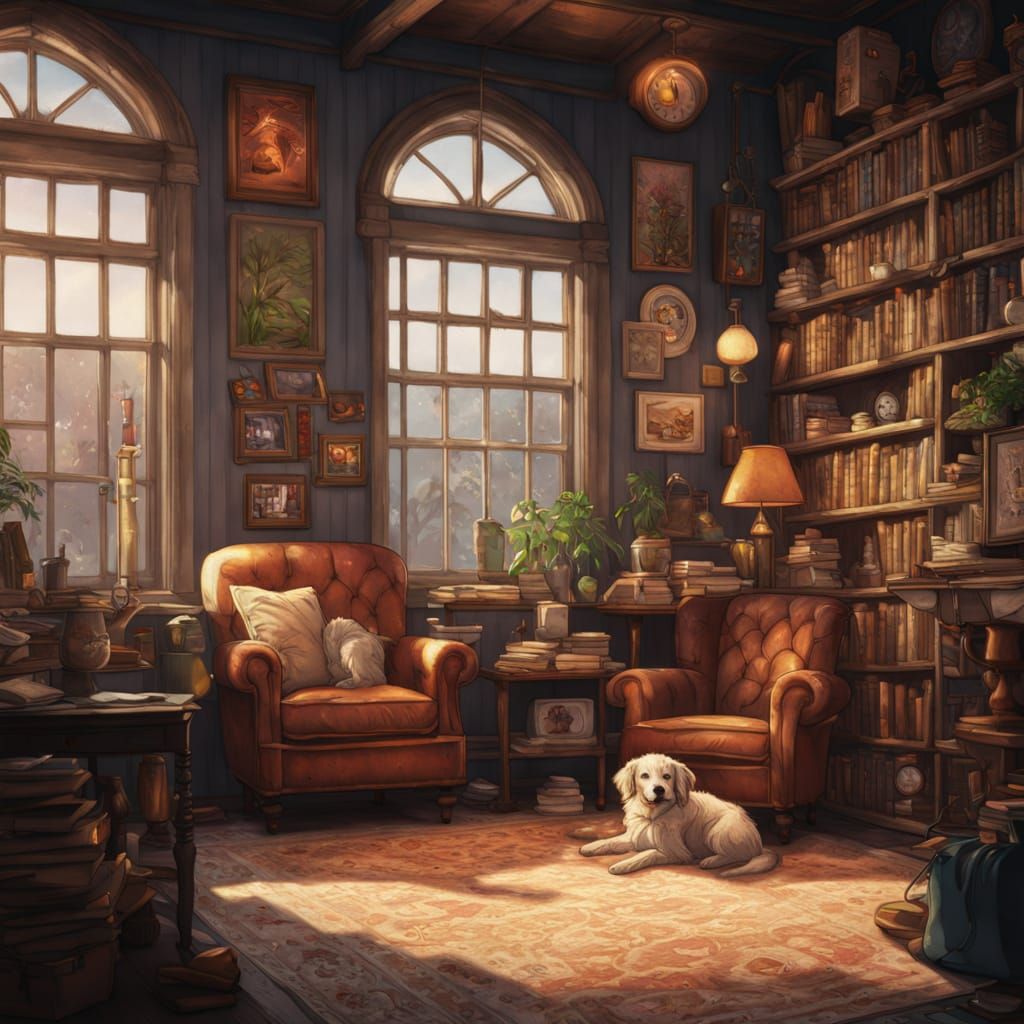 Contented Dog Sleeps in Cozy Library Nook Watercolor Style