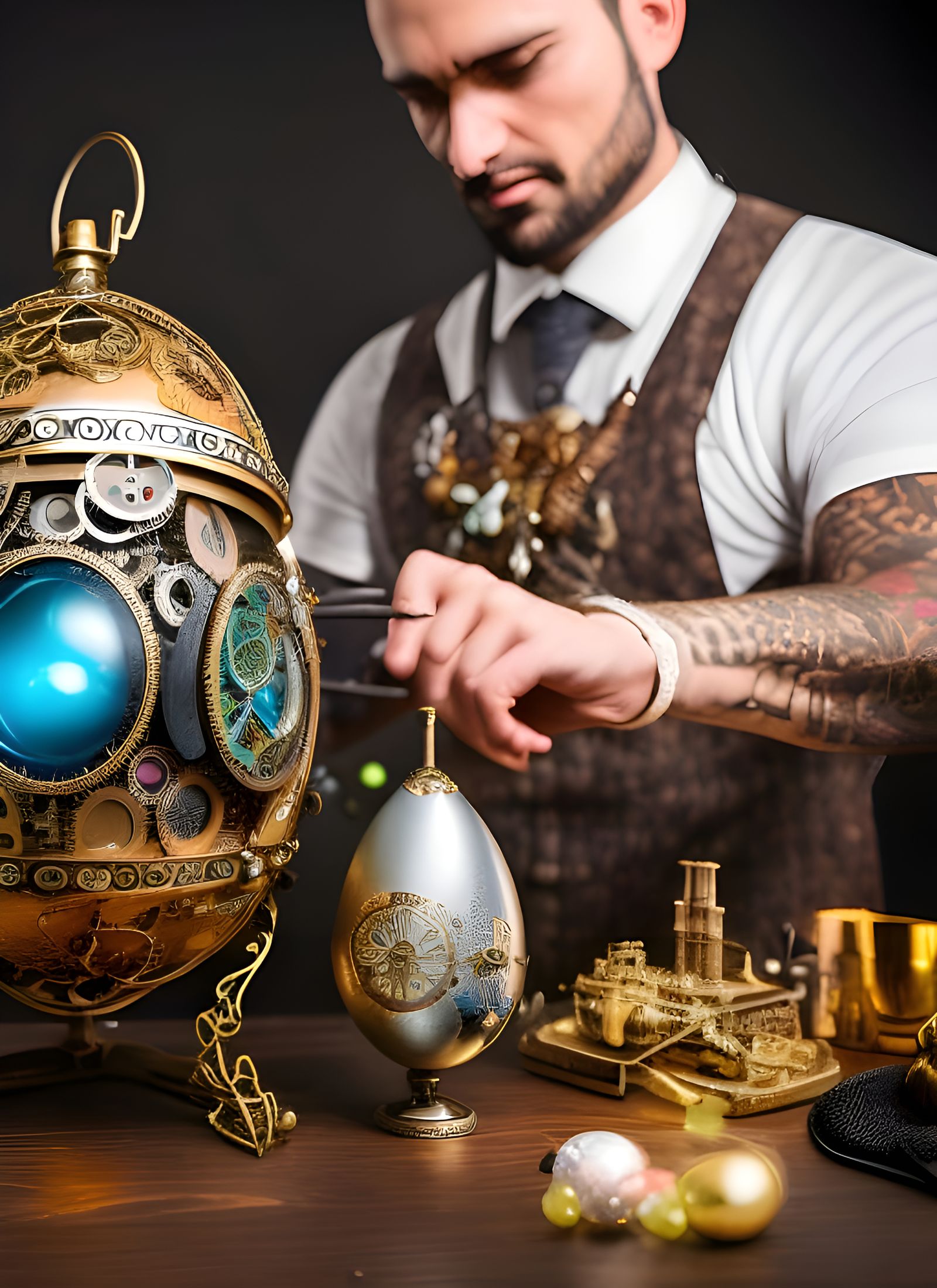 Steampunk Mechanic Repairs Intricate Fabergé Egg