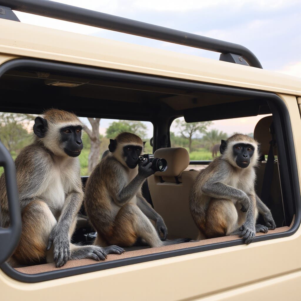 Vervet Monkeys in Safari Truck at Sunrise
