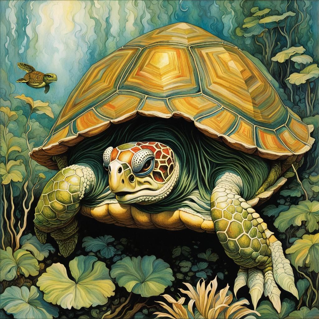 Hippie Turtle in 1970s Book Illustration Style
