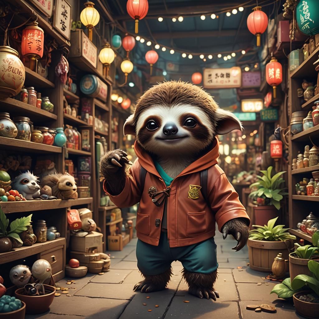 Sloth Gremlin in Chinese Shop, Digital Art