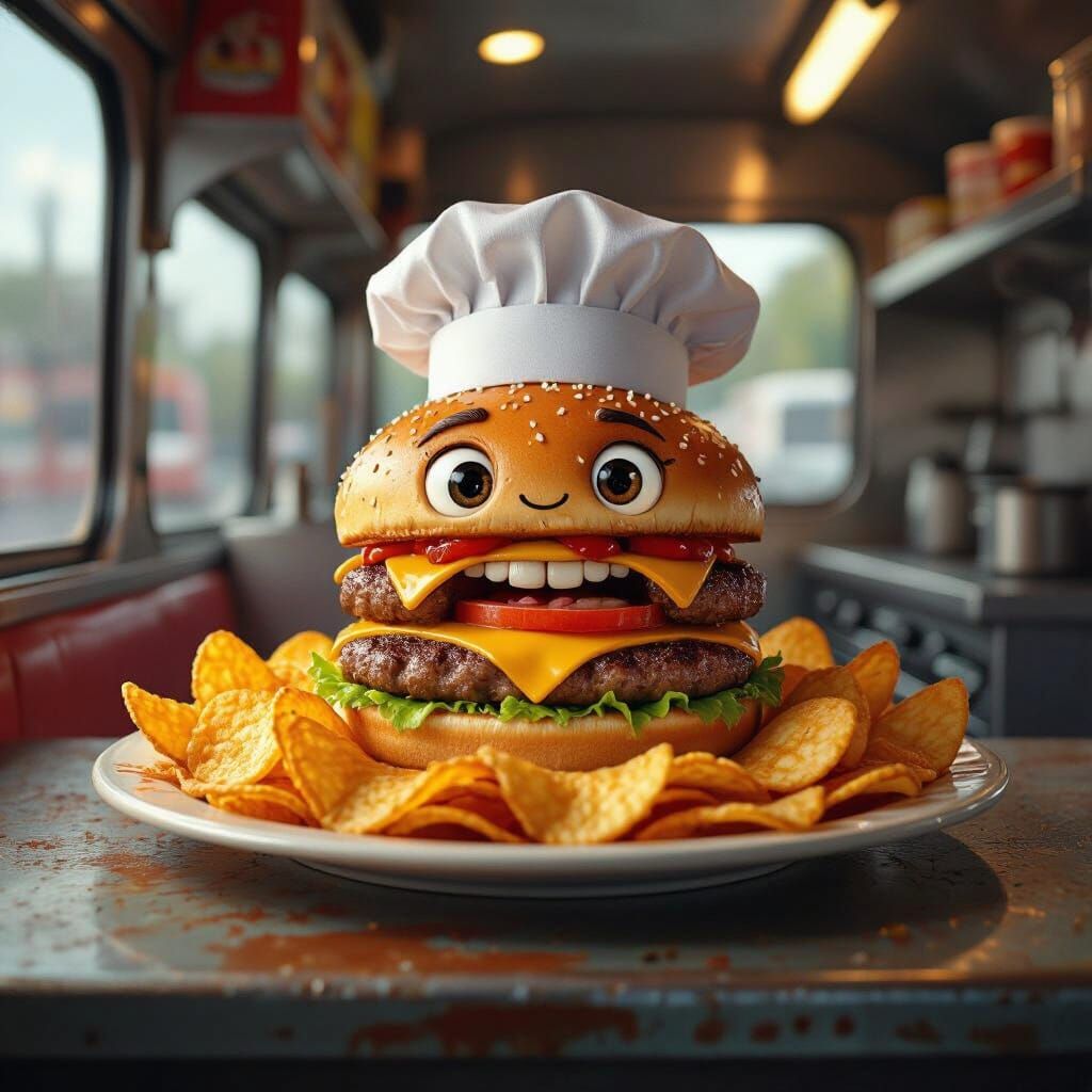 Hamburger Chef in Food Truck, Digital Matte Painting
