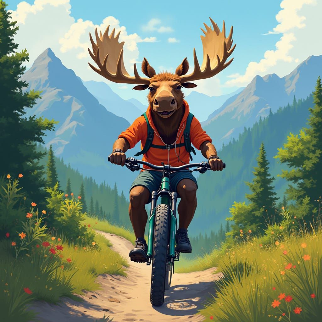 Moose on E-Bike Descends Mountain Trail