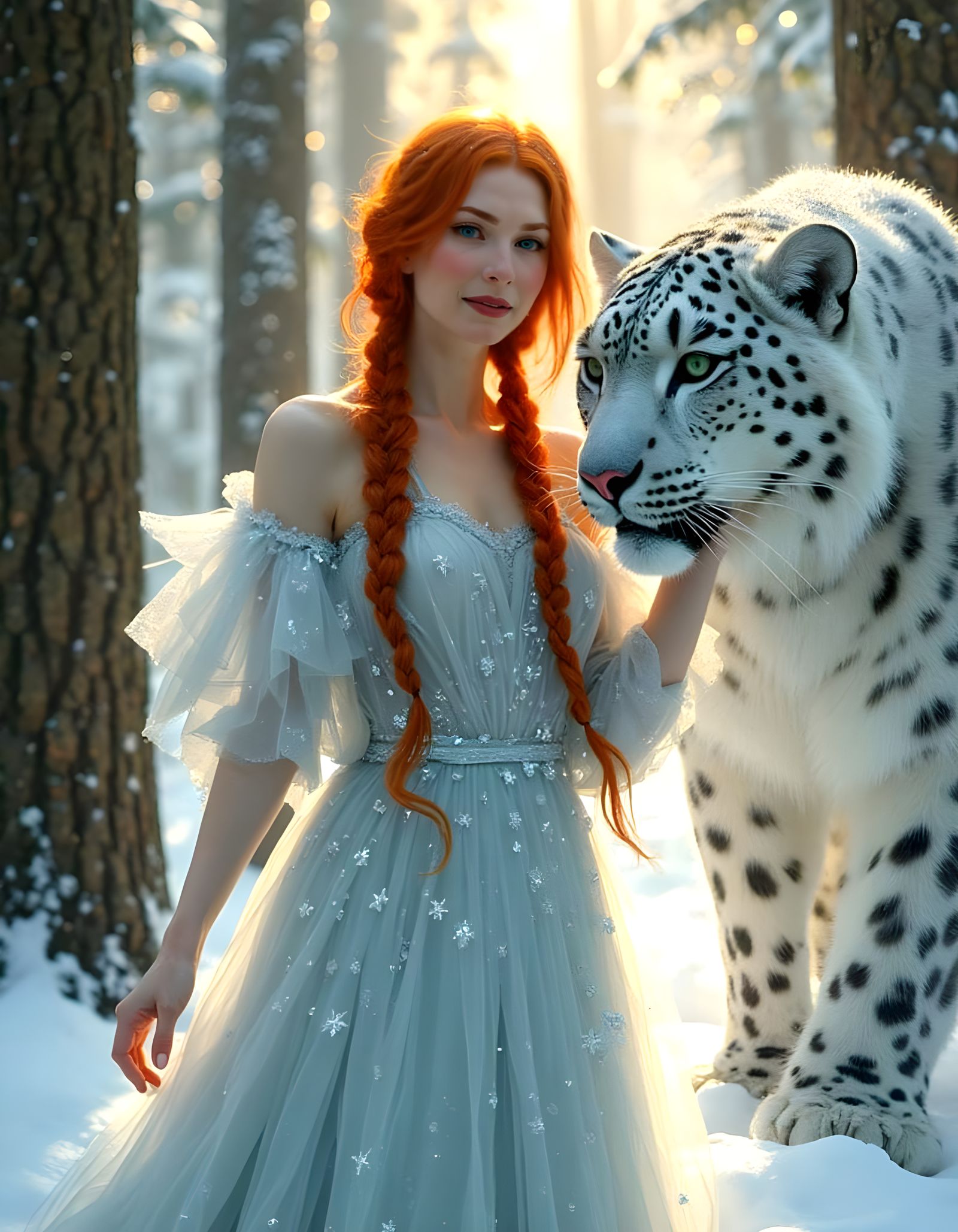 Woman with Snow Leopard in Art Nouveau Style