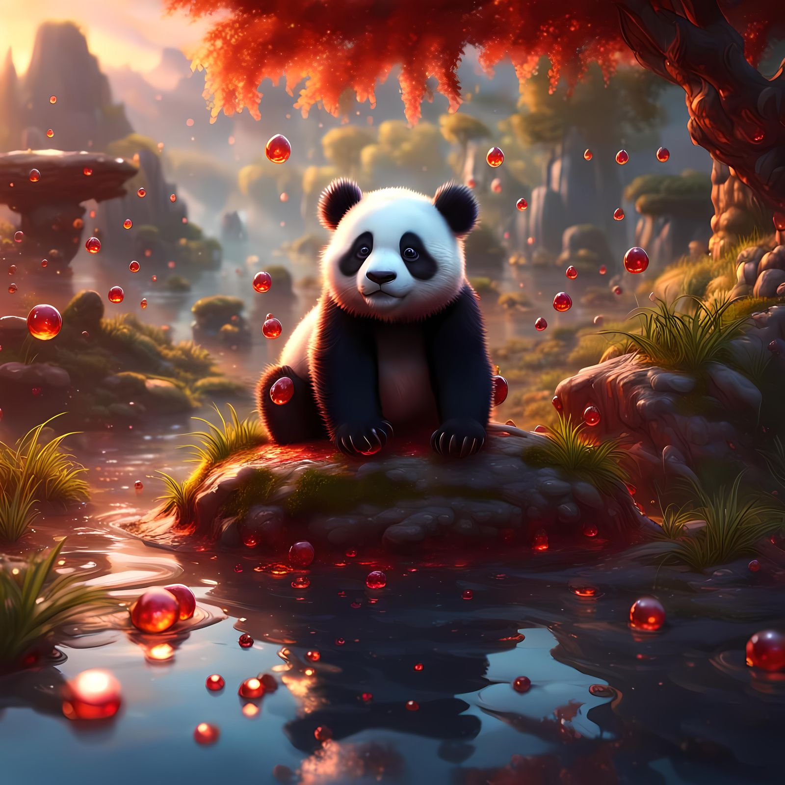Heavenly Cute Panda Baby in Fire Droplet Sunset