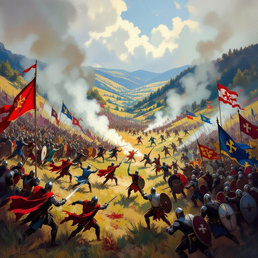 Capture a bird’s eye view of a vast medieval battlefield sprawled across a valley, with clashing armies, banners snappin...