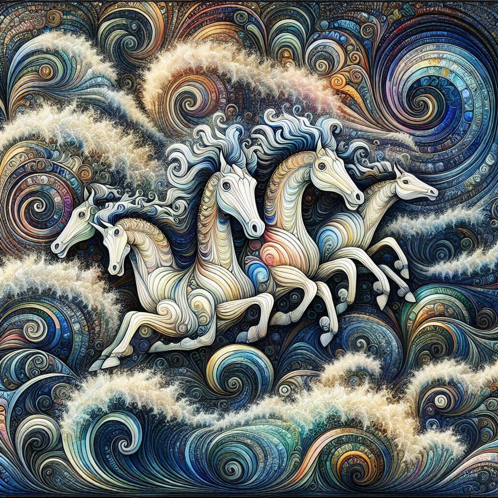 Ocean Horses in Art Deco Zentangle Style