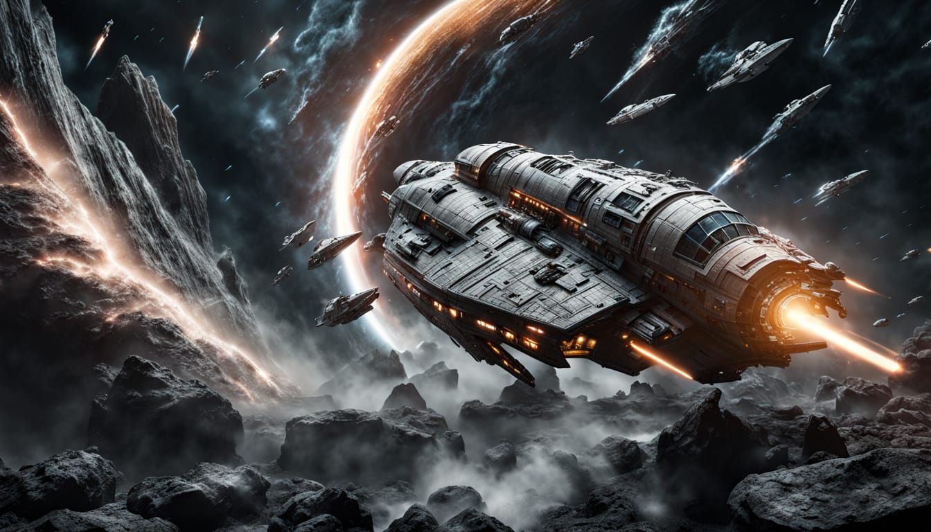 Spaceship in Meteor Storm: A Space Opera Scene