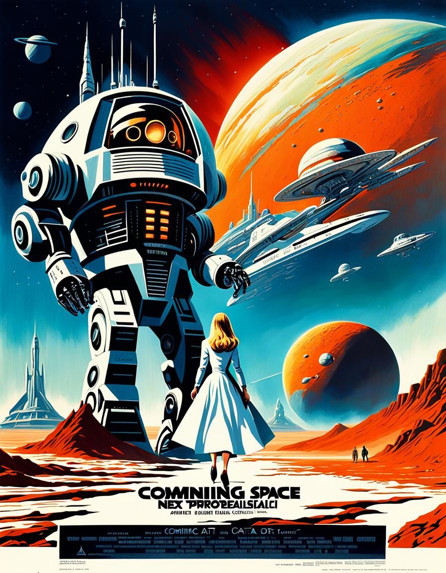 Retro Robot Rescue: Vintage Sci-Fi Movie Poster